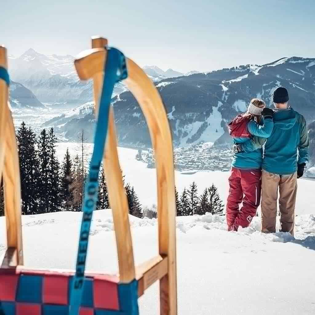 Paar genießt den Ausblick auf Zeller See und umliegende Berge im Winter. Rodel steht bereit.