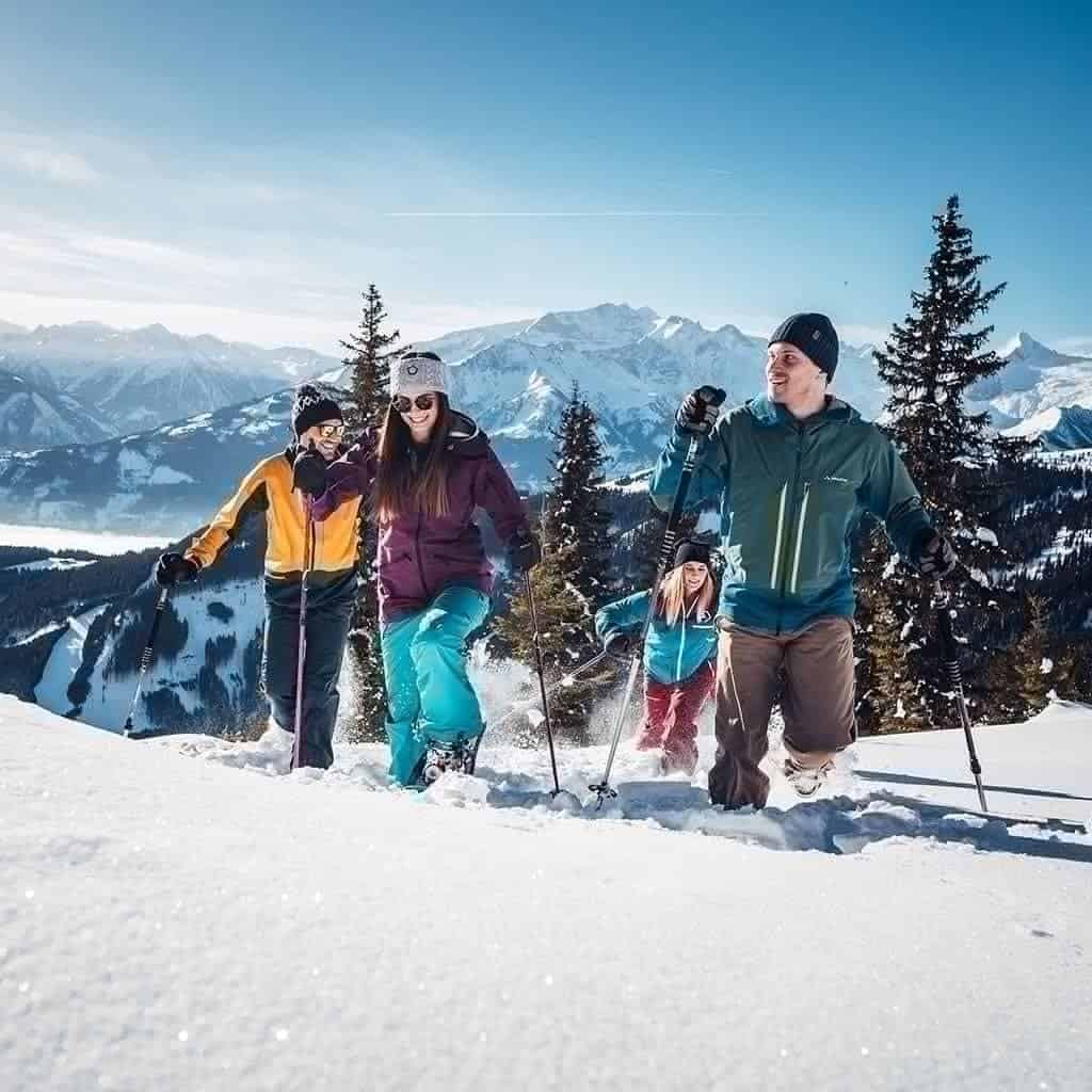 Aktivurlauber wandern im Schnee der Zeller Berge, umgeben von atemberaubender Landschaft.